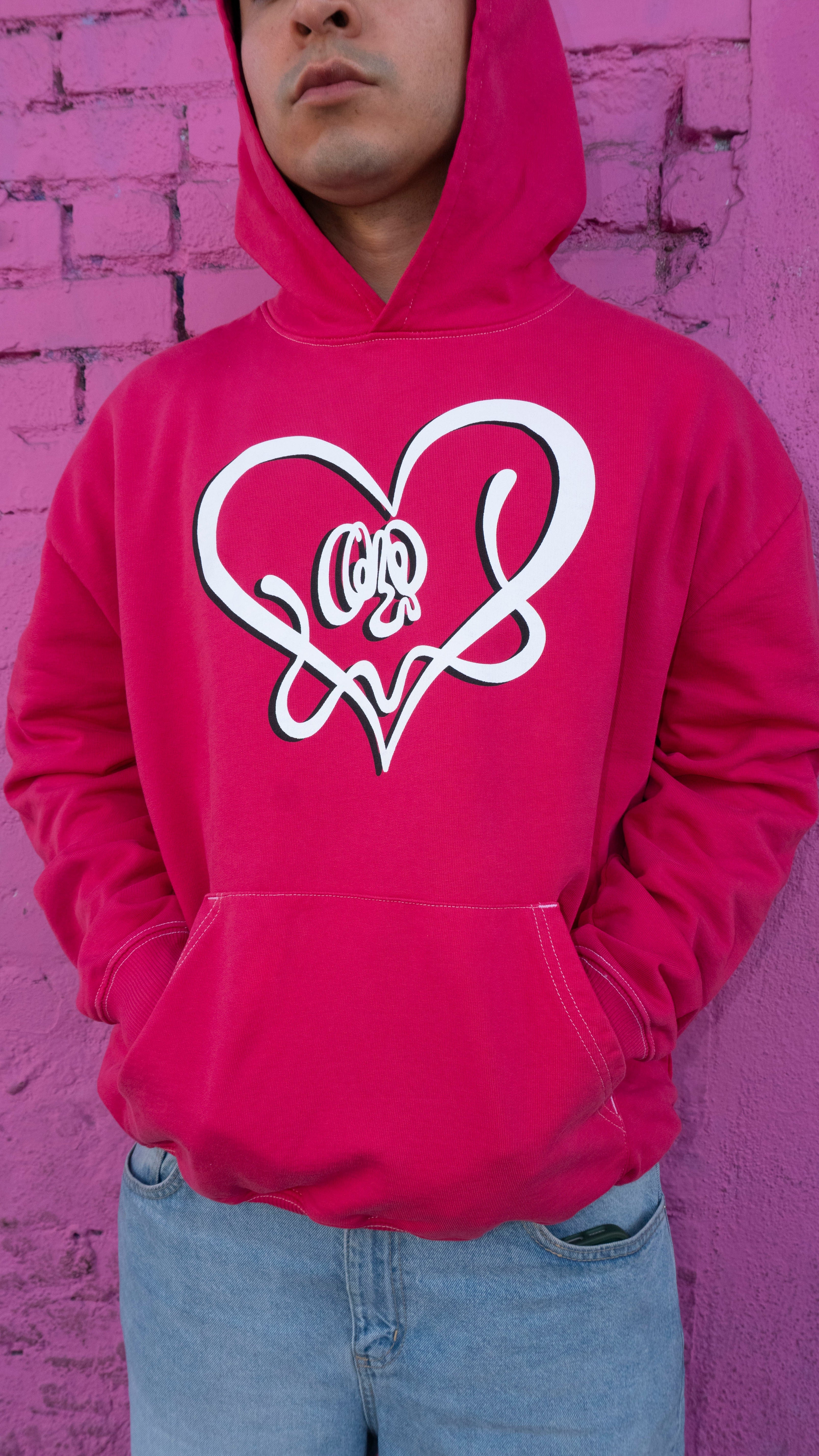 2-TONE HEART HOODIE WHITE/HOT PINK