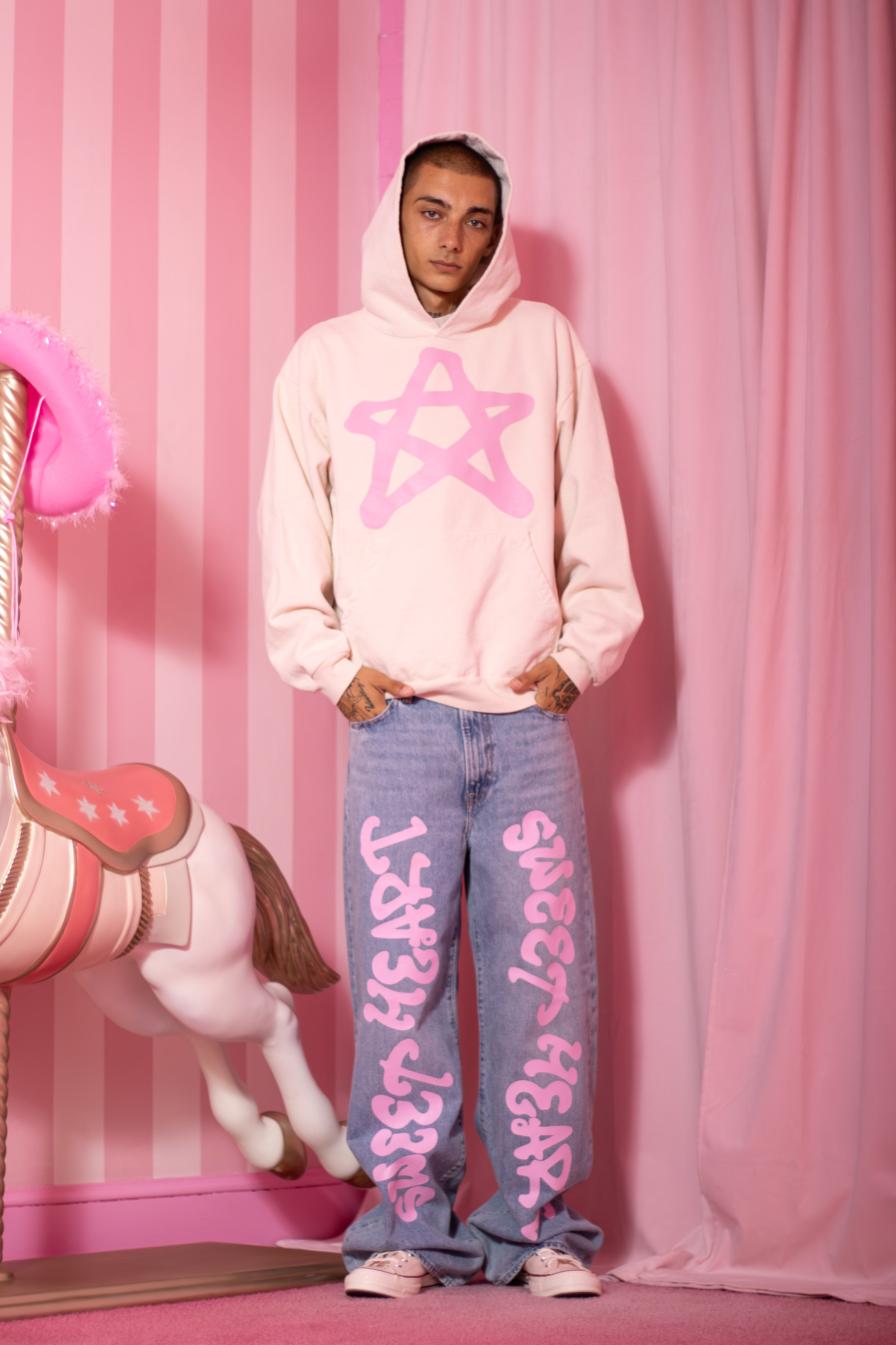 STAR HOODIE PINK/CREME